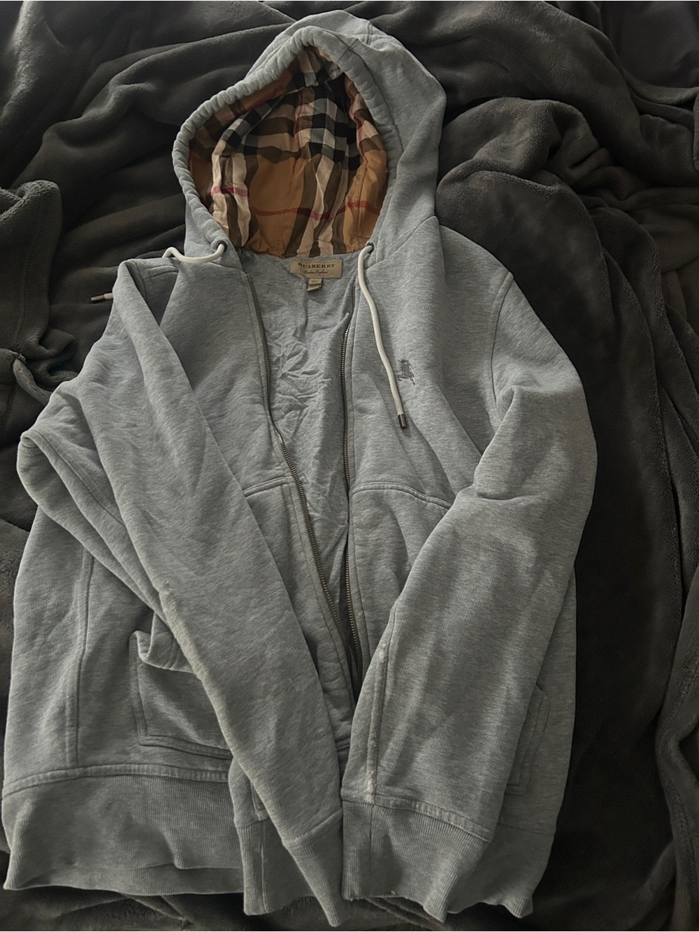Burberry Grey Hoodie with Signature Beige Nova Check Lining